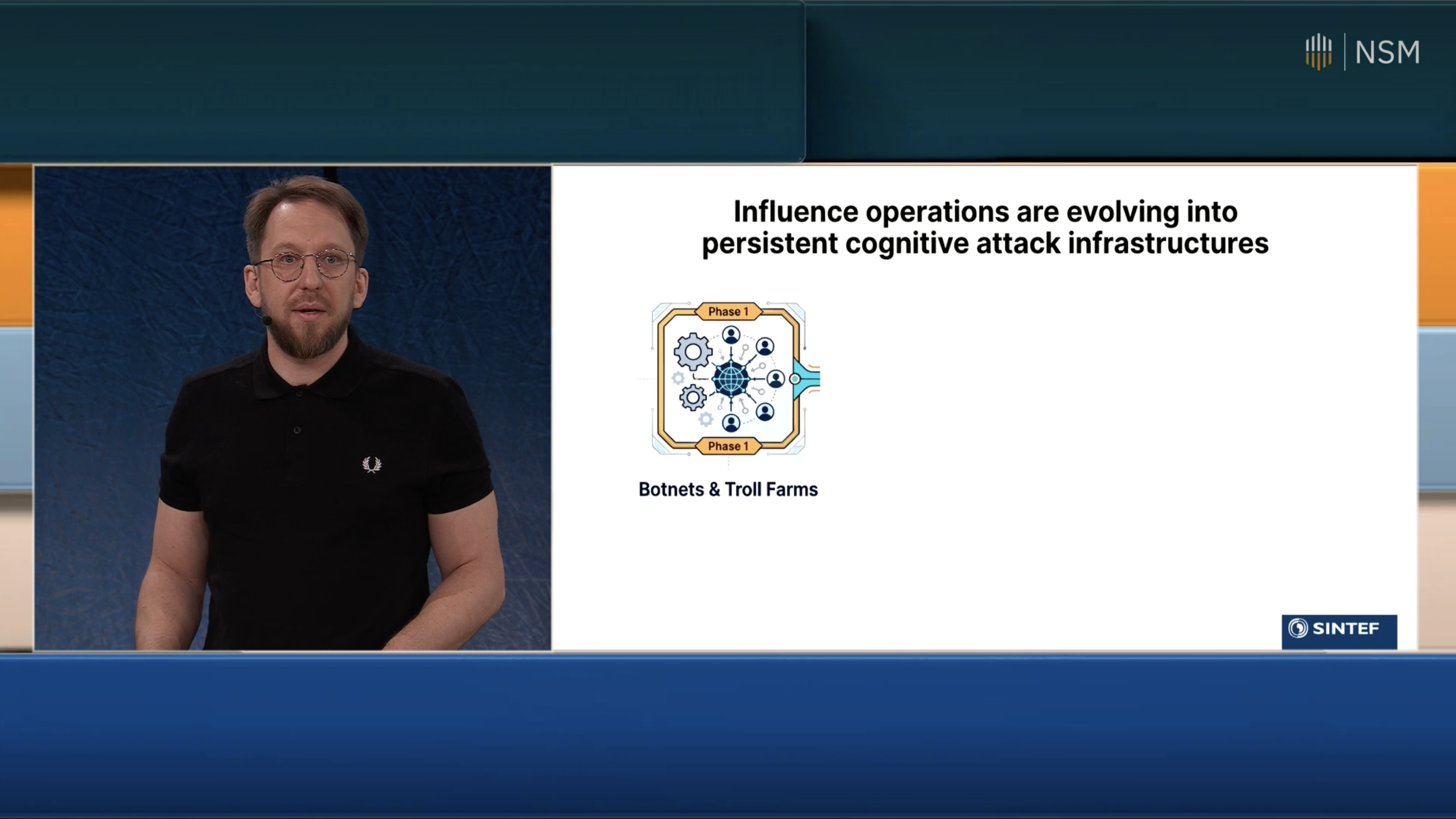 Daniel Thilo Schroeder speaking on AI swarms and cognitive security at Sikkerhetskonferansen 2026, NSM National Security Conference